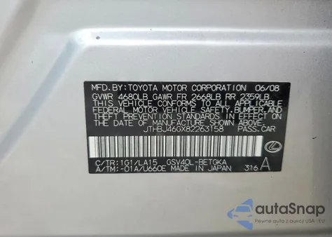 2008 Lexus Es 350 z USA, uszkodzony, nr VIN JTHBJ46GX82263158